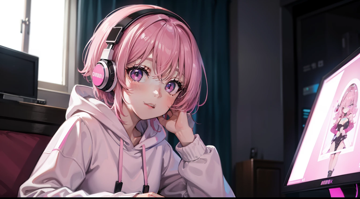 ​masterpiece、top-quality、Movie stills、1girl in、Pink shorthair、Pink eyes、headphones、Black hoodie、with light glowing、Happiness、Warm and soft lighting、personal computers、Room、(Spark:0.7)