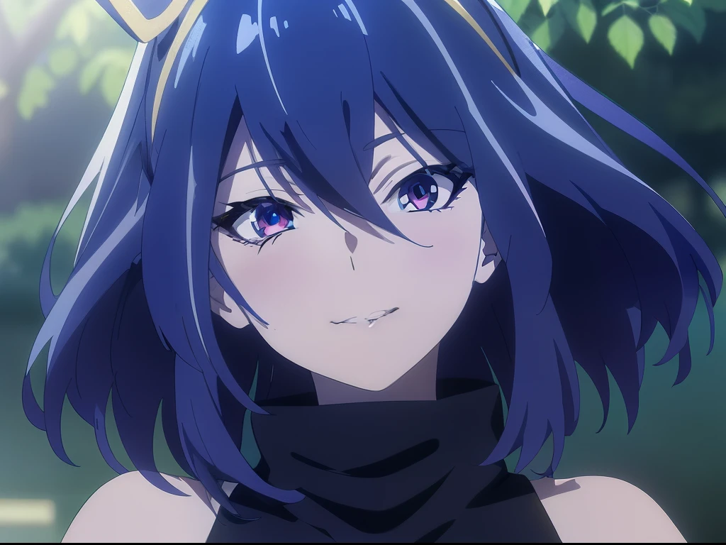 a close up of a person with purple hair and a black top, she has purple hair, anime visual of a cute girl, reincarnated as a slime, anime visual of a young woman, wataru kajika, short blue haired woman, today's featured anime still, hana yata, anime moe artstyle, she has a cute expressive face