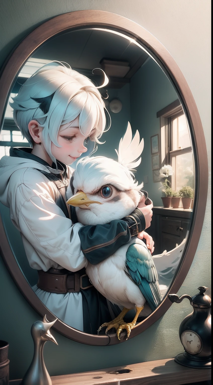 Anime boy with white hair holding a bird in front of a mirror - SeaArt AI