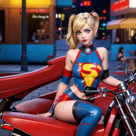 harley quinn merge with super girl, sexy, sitting on bench, metropolitan background, sexy, alluring, sensual, multiple arms, mul...