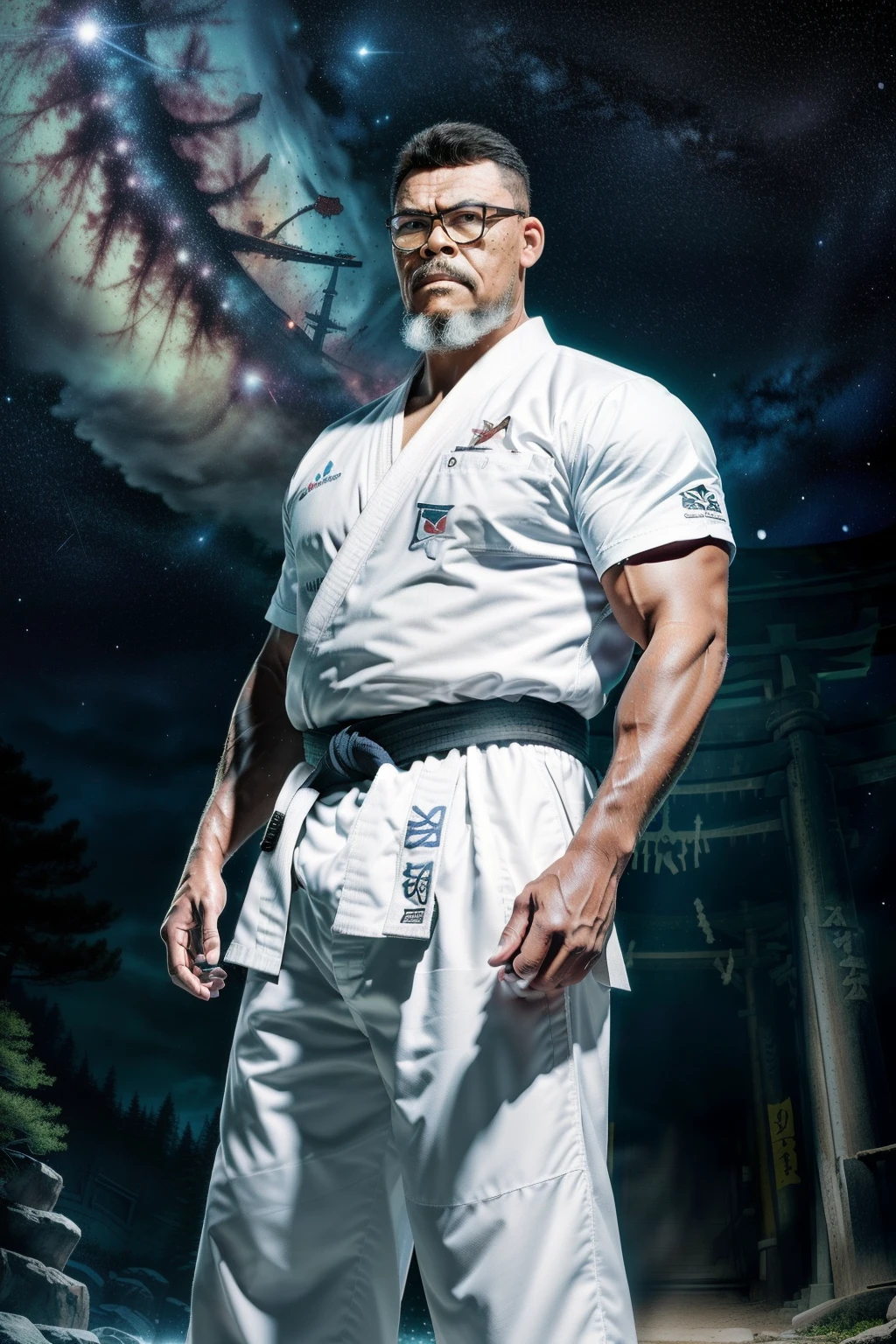 guttovendo1, best quality, masterpiece, super high resolution, detailed background, realism, Illustrations, single, 1 boy, torii, muscle, volumetric lighting, depth of field, facial hair, ryu, white clothes, black belt, light particles, crotch bulge, starry sky