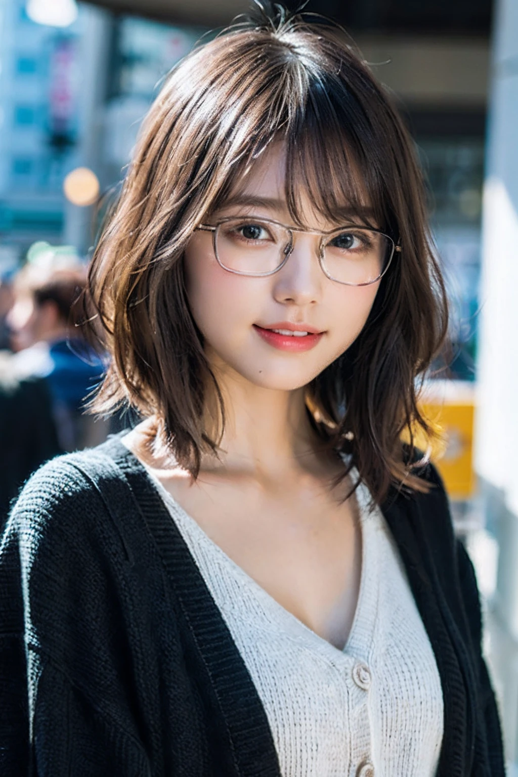 (8K、Raw photography、top-quality、​masterpiece:1.2)、(realisitic、Photorealsitic:1.37)、ultra-detailliert、超A high resolution、女の子1人、see the beholder、beautifull detailed face、A smile with a little visible teeth、Constriction、(Slim waist) :1.3)、((Wearing a cardigan))、pastel clothing、Beautiful detailed skin、Skin Texture、Floating hair、((short-hair))、large breasts with good shape、Professional Lighting、In front of the station at noon、((Black square glasses))、Whole human body、Black hair、((Have a small handbag))、one hand waving、