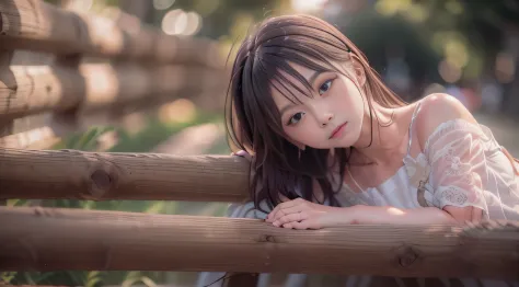 Woman lying on wooden fence in park, photo taken with sony a7r, Realistic Young Gravure Idol, Anime. Soft lighting, taken with c...