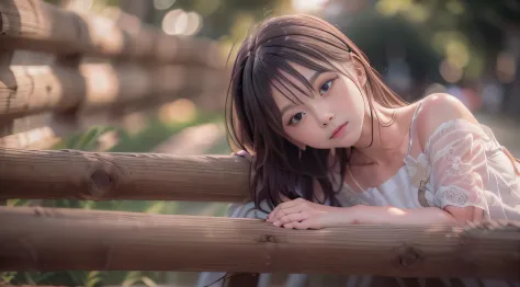 woman lying on wooden fence in park, photo taken with sony a7r, realistic young gravure idol, anime. soft lighting, taken with c...