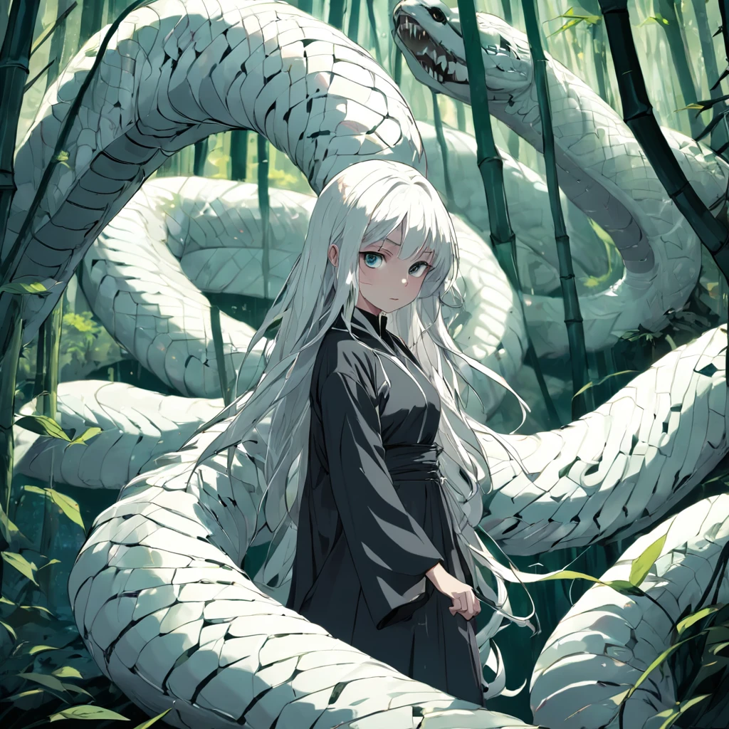 Anime girl with white hair and long white hair standing in front of a snake  - SeaArt AI