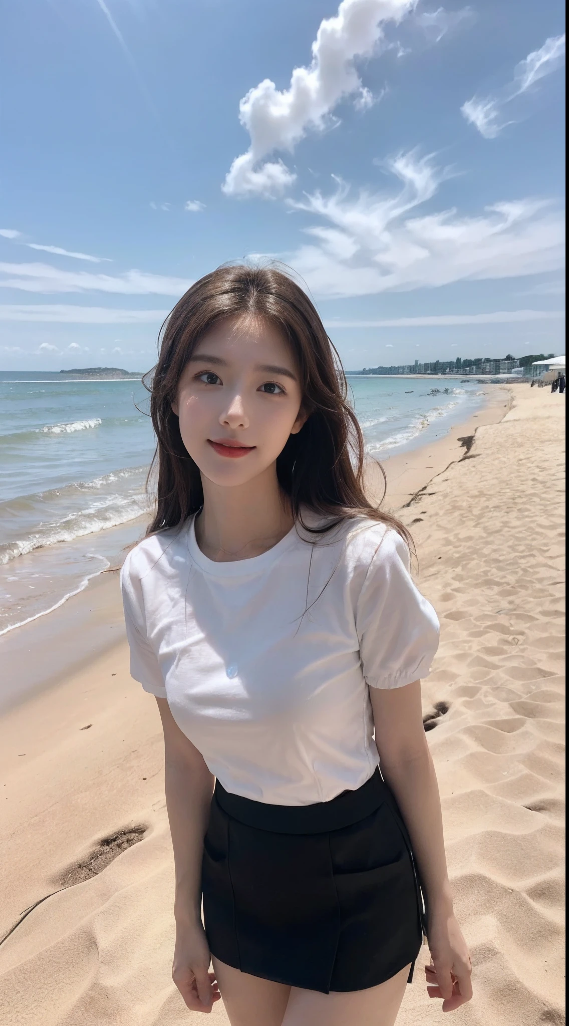 ((Best picture quality, 8K, tmasterpiece: 1.3)), self-shot, Sharp focus: 1.2, A cute beauty with a perfect figure: 1.4, Slim, ((Brown hair black)) , (whitet-shirt，pleatedskirt，Highly detailed face，Happy expression，standing on your feet：1.2），（（with blue sky and white clouds，Beach by the sea：1.3. Produced with a major focus on women）），Highly detailed facial and skin texture，Detailed eyes，二重まぶた