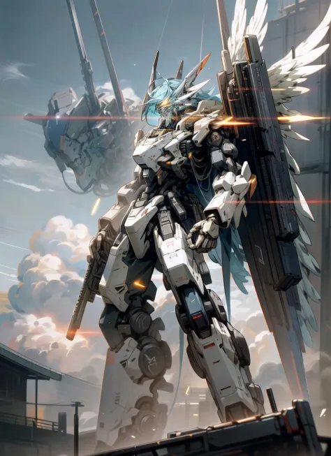 Skysky, ​​clouds, Holding_arma, No_Humanity, brightly, , Marzinger S., buliding, Glowing_Eyes, Mecha, Science_fiction, 城市, realisticlying, Mecha，Mechanical wings，high-definition picture quality，Machine gun in hand