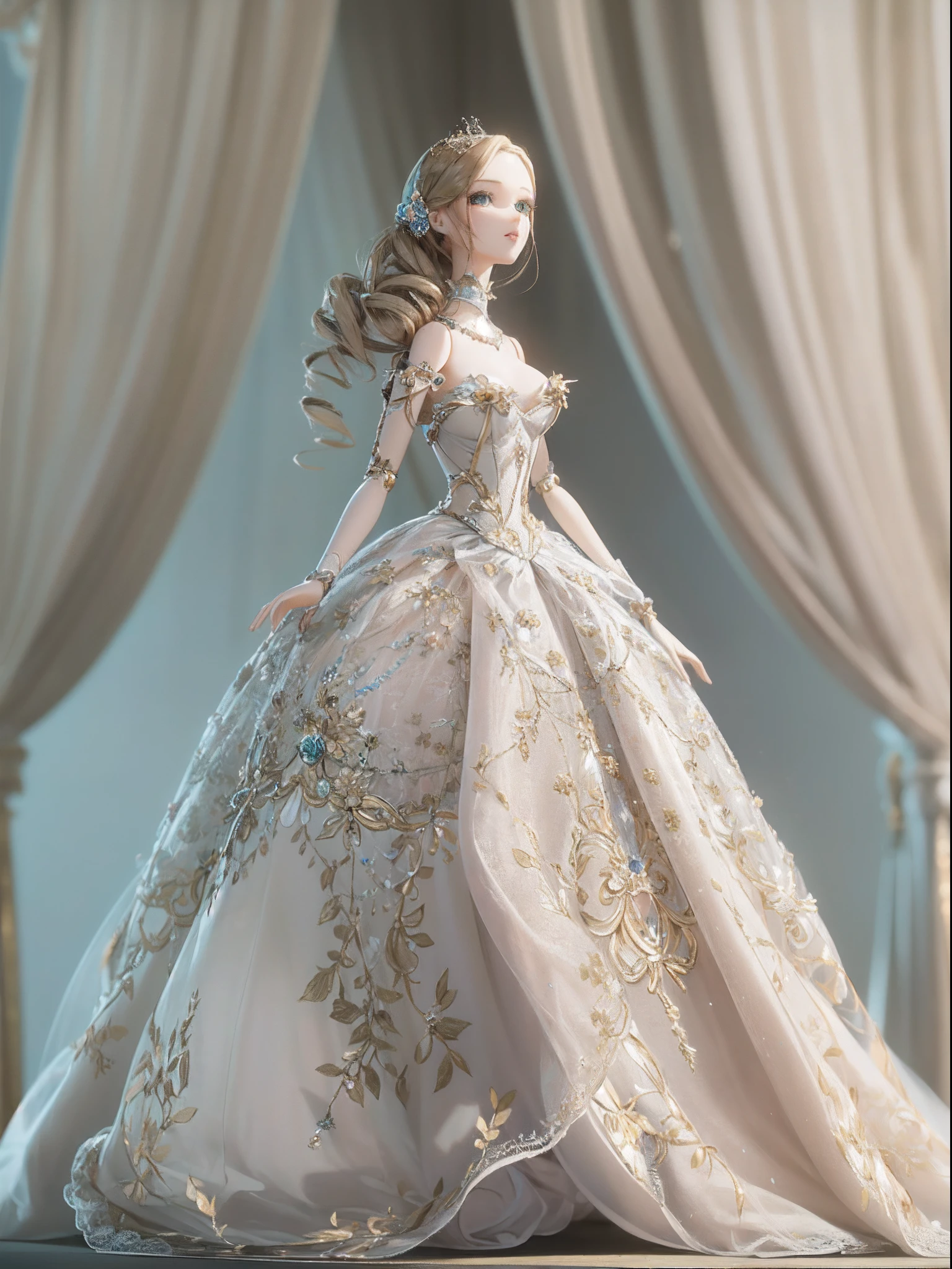 In a soft 3D rendering. (a beautiful ball-jointed doll stands gracefully:1.2). She is dressed in a luxurious gown, the fabric flowing elegantly around her. The doll's delicate features are expertly crafted, and she exudes an air of sophistication and refinement. It's a stunning image, full of beauty and detail.
