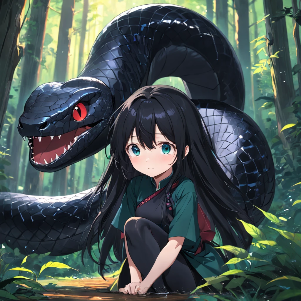 Anime girl sitting on a log with a snake in the background - SeaArt AI