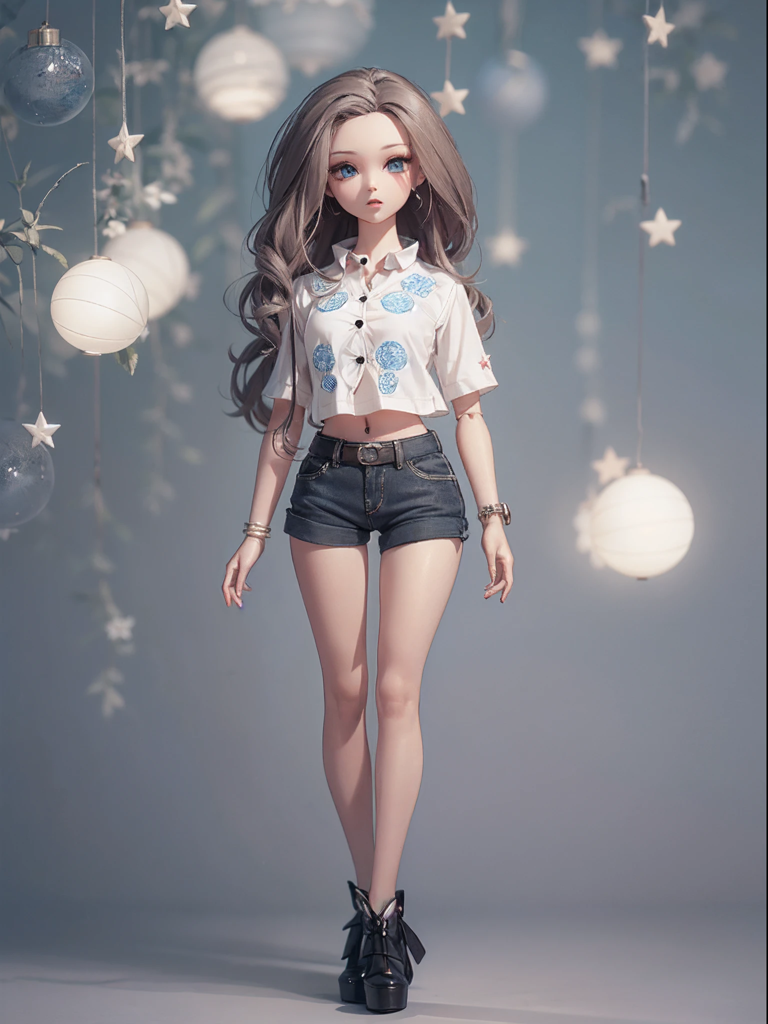 In a soft 3D rendering, (a beautiful ball-jointed doll stands gracefully:1.2). She is dressed in a stylish crop top girly shirt with a star pattern and a crop top length and hot pants. The doll's delicate features are expertly crafted, and she exudes an air of sophistication and refinement. It's a stunning image, full of beauty and detail.