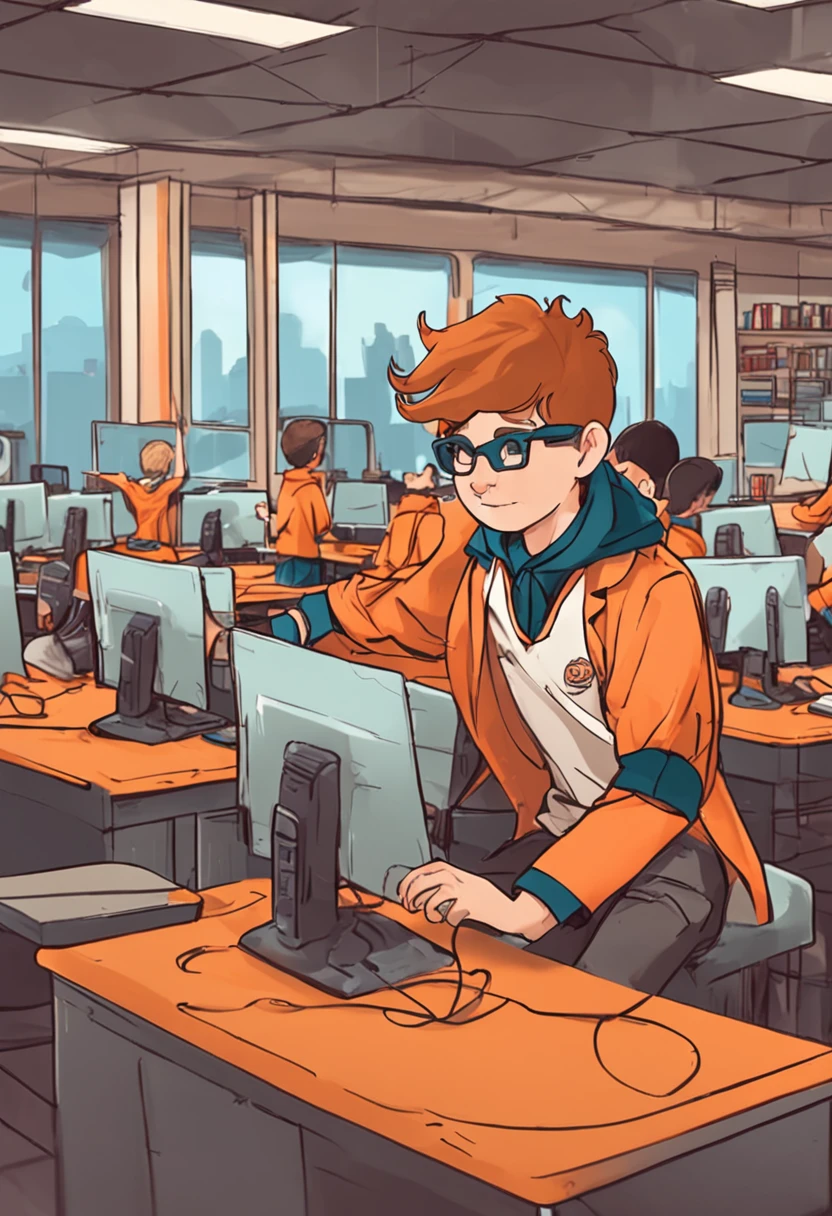 Boy in orange lab coat teaching in a school with computers and the technological environment