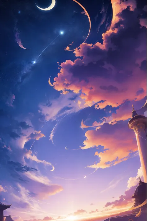 a sky, rolling clouds, stars, beautiful, lens flare, constellations, crescent moon, beautiful lighting on clouds, gradient sky, ...