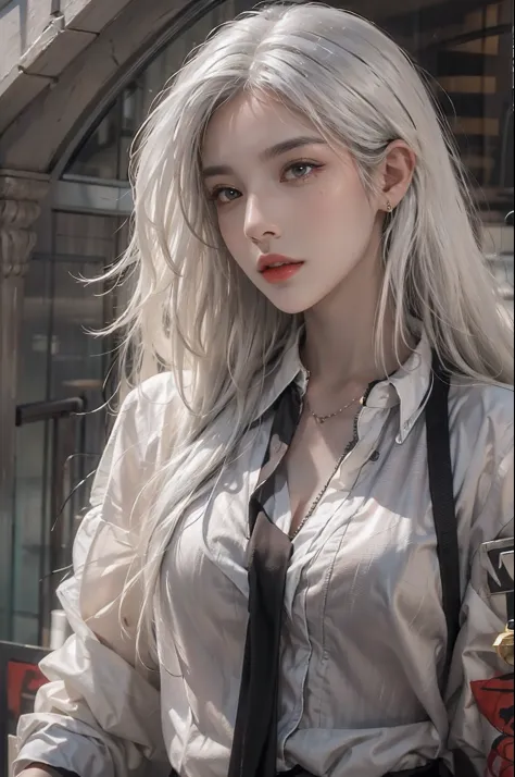 photorealistic, high resolution, 1women, solo, hips up, look at viewer, (detailed face), white hair, long hair, mafia clothes, t...