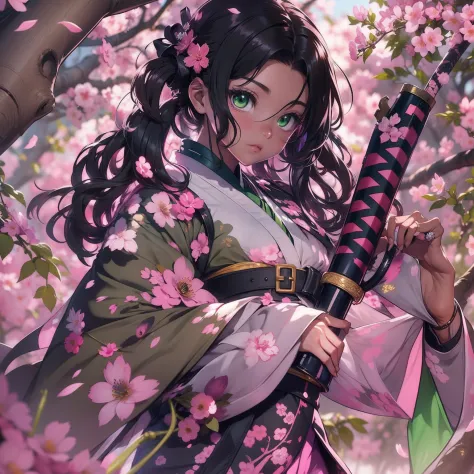 1 person,Beautiful dark-skinned girl standing under cherry blossom tree，Holding a natural katana, Long black hair with elegant c...