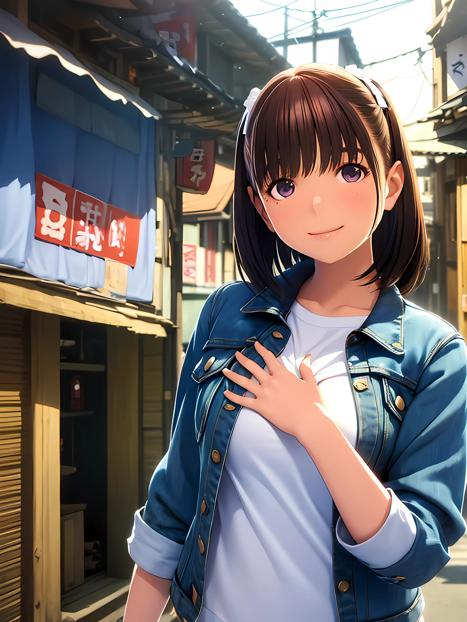 hight resolution,in 8K,Best Quality,detaileds,semi - realistic anime,Anime 3D Style,Smooth Anime CG,1 girl in,18-year-old woman in Japan,slim,modeled,shiny chestnut hair,Medium Hair,Detailed face,Beautiful and detailed eyes,Glowing skin,Girl in denim jacket and white sweater shirt stands on street, Jidaimura,Edo period of Japan,Left hand on chest,tilt your head,A smile,Roll up your arms