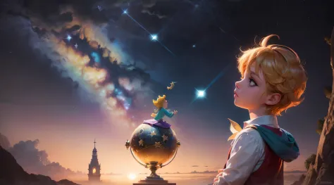 Princesa Disney mirando un cielo lleno de estrellas con una estatua, Beeple y Jeremiah Ketner, Arte clave, Arte infantil en ArtS...