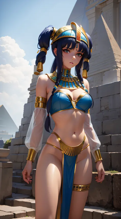 Menina, cabelo azul curto, modelo, Egyptian, cleopatrah, deusa, standingn, Paisagem, pyramids behind, Short white and gold cloth covering her private parts in a sensual way
