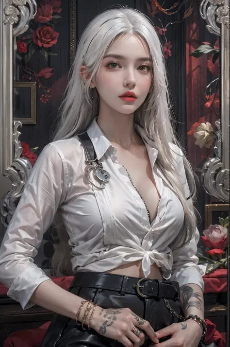 photorealistic, high resolution, 1women, solo, hips up, look at viewer, (detailed face), white hair, long hair, mafia clothes, t...