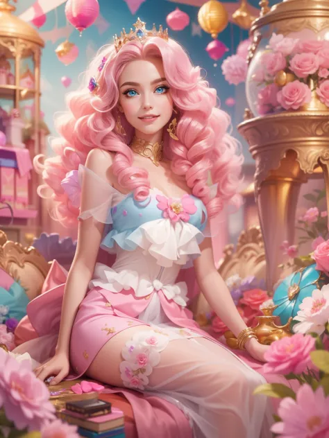 tmasterpiece，Best resolution，8k wallpaper，offcial art，barbiecore，golden curly hair，Pink crown，Charming princess，sparkle in eyes，...