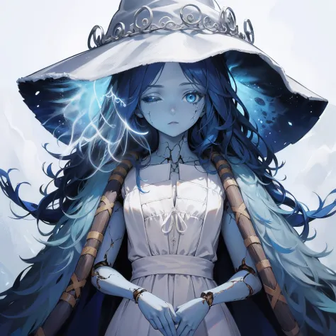 Ranni, 1girl, wavy hair, blue skin, cracked skin, extra arms, extra faces, doll, joints, doll joints, white dress, hat, cloak, e...