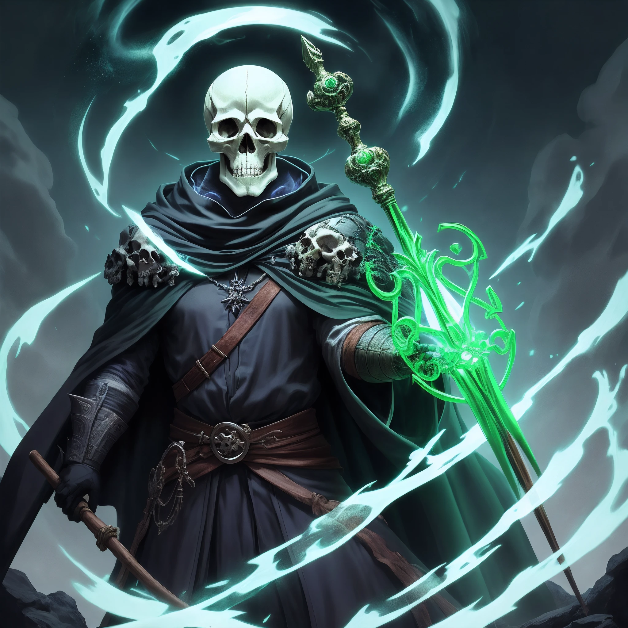 Skull man, wizard, wizard holding a large shining staff with a black cloak with magical energy exuding in green color;