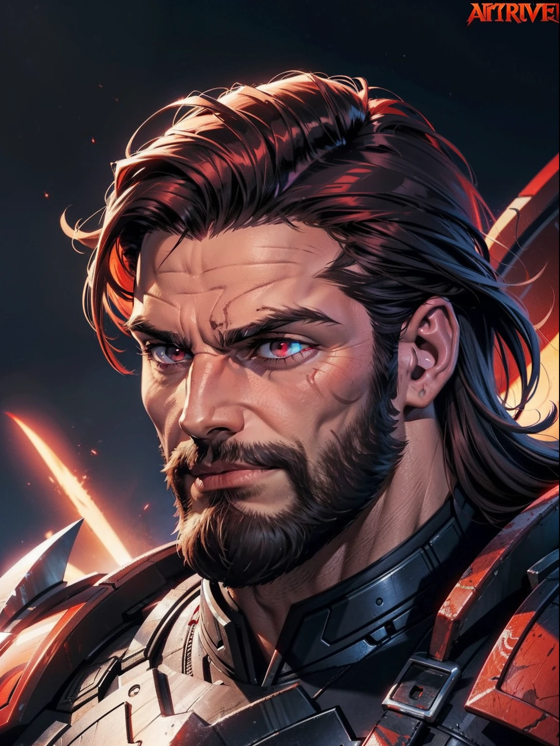 Dark night crimson moon background, Marvel comics style. A close up of a Todd Smith as Ares with mullet hair and a short beard. Trending on Artstation athlete, handsome, defined face, detailed eyes, short beard, glowing red eyes, brown-grey hair, evil smile, badass, dangerous. Wearing modern armor and casual clothes.