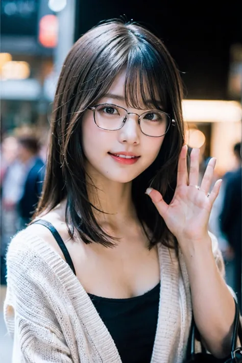 (8K、Raw photography、top-quality、​masterpiece:1.2)、(realisitic、Photorealsitic:1.37)、ultra-detailliert、超A high resolution、女の子1人、see the beholder、beautifull detailed face、A smile with a little visible teeth、Constriction、(Slim waist) :1.3)、((Wearing a cardigan...