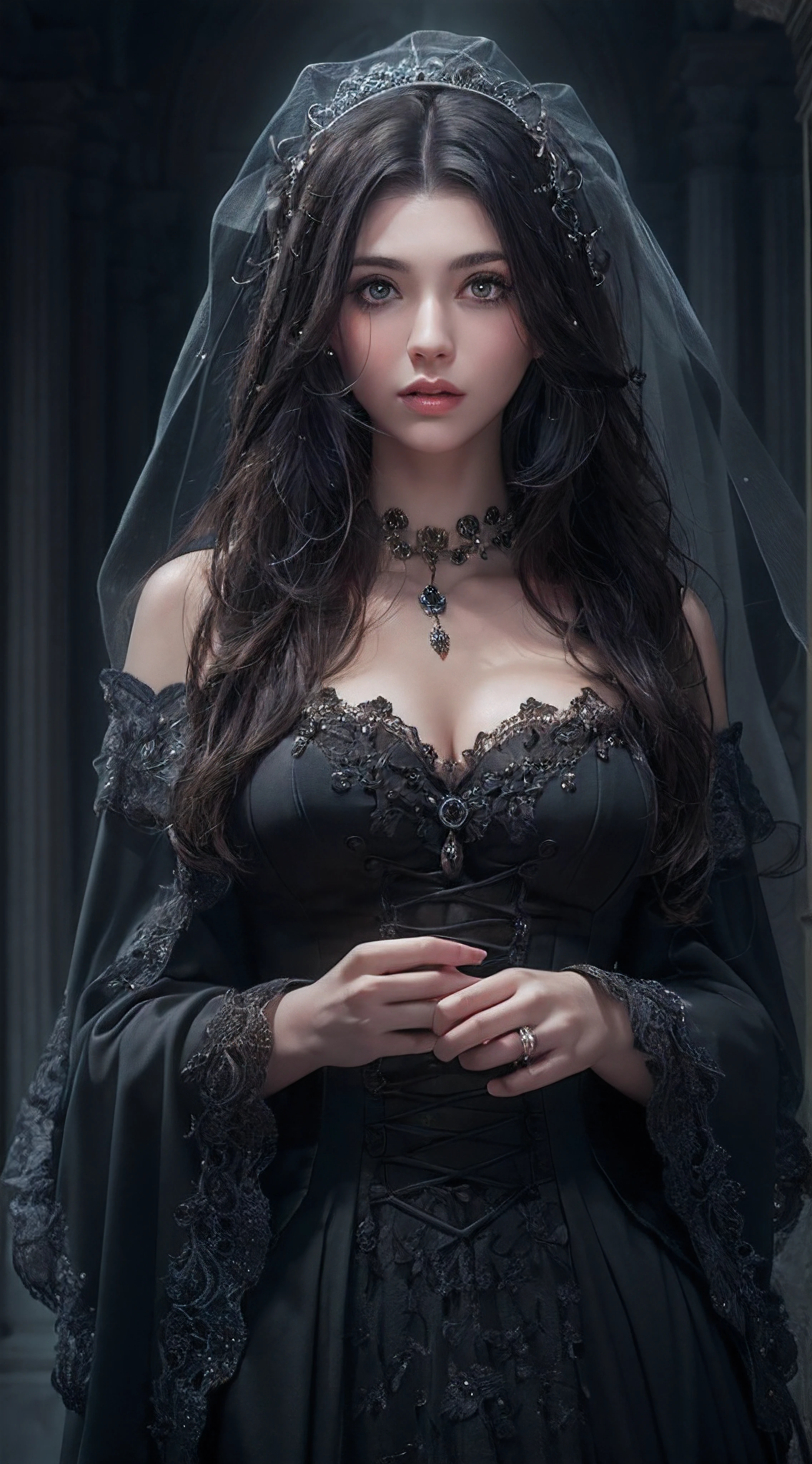 The witch girl, in the witch wedding, beautiful black dress, best quality, masterpiece, (realistic:1.2), Front, detailed face, (((masterpiece))), (((best quality))), (((extremely detailed))), illustration, mysterious, full perfect body,