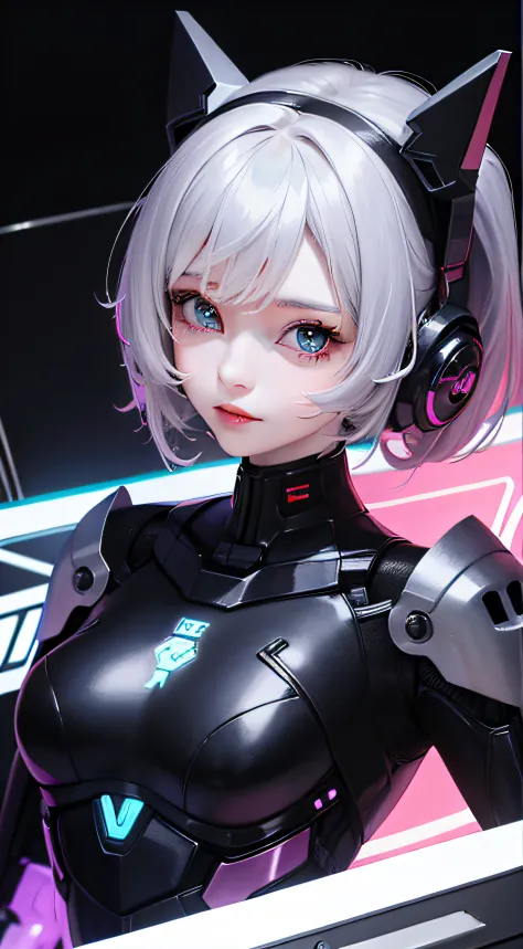 female mecha，Raised sexy，Stand up，sense of science and technology，cyber punk perssonage，The face shape is a little cute，The eyes...