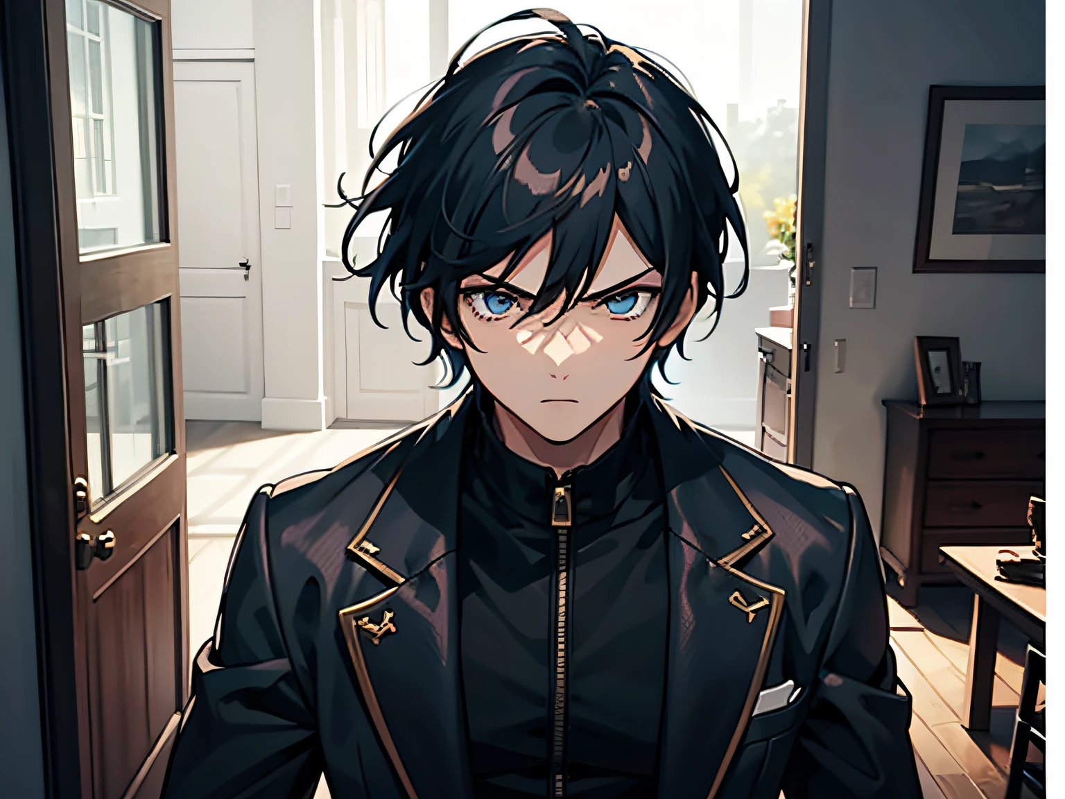 A boy，Black color hair，blue color eyes，Handsome，The expression is serious,vred，irate，Stand inside the house，Figure anime style，Dark 4K, hyper HD, Masterpiece