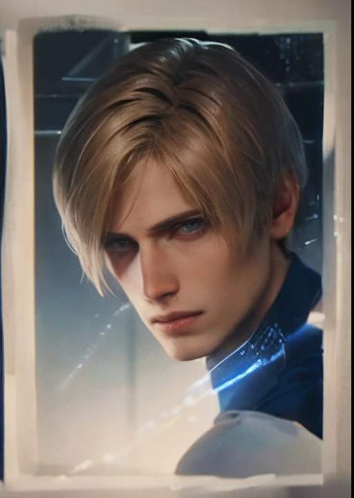 there is a man with a short hair and a blue shirt,  leon s. kennedy, johan liebert mixed with dante, linus sebastian, johan liebert, with very highly detailed face, realistic face moody lighting, cinematic realistic portrait, jac, realistic hyper detailed, johan liebert mixed with alucard