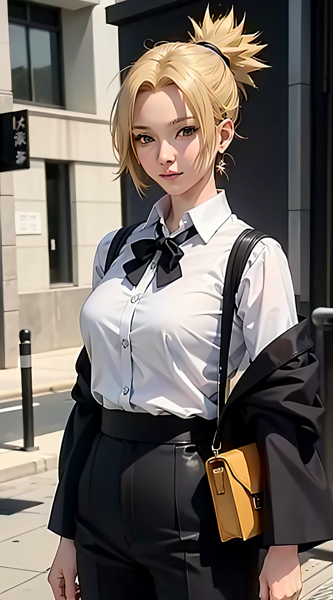 temari from anime naruto, short hair, blonde hair, tied hair, beautiful, beautiful woman, perfect body, perfect breasts, wears white formal shirt, black blazer, black trousers, carries bag, wears watch, wears earrings, in public, being in tokyo city, being on the street, looking at the viewer, a little smile, realism, masterpiece, textured skin, super detailed, high detail, high quality, best quality, 1080p, 16k