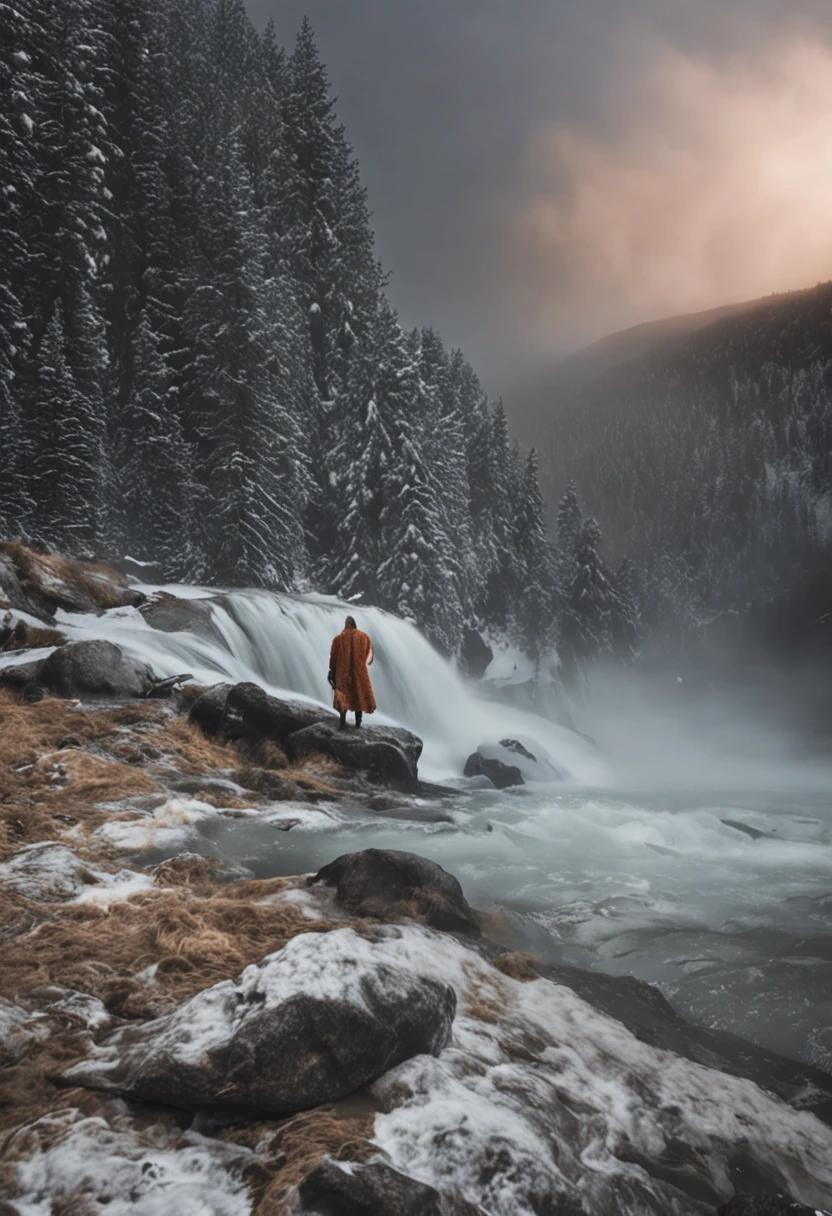 There is a man standing on a rock near a waterfall - SeaArt AI