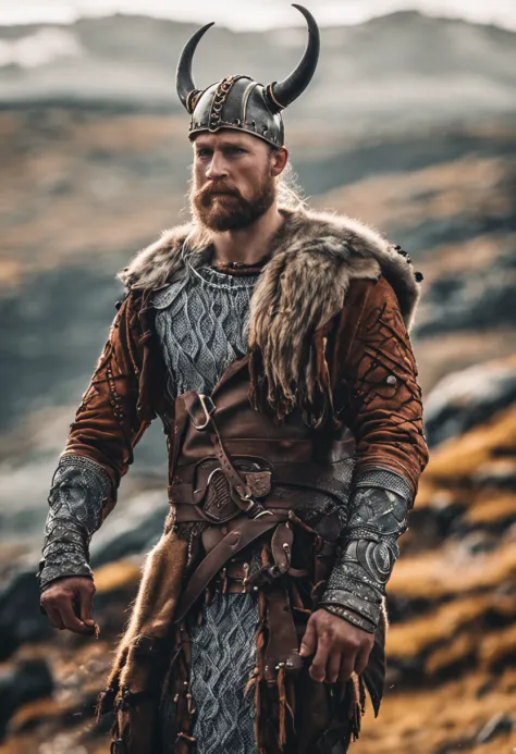 Un feroz guerrero vikingo vestido con una pesada armadura vikinga y  empuñando un arma formidable, Mostrando