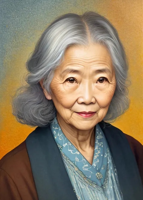 Inspiration for Agnes Cecil，Gray-haired old Asian woman，whaite hair，kind，Luminous design，pastelcolor，Ink drops，Autumn lights