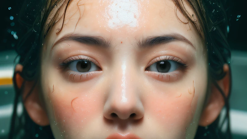 ((top quality, 8k, masterpiece: 1.3)), woman (naked in hot springs), sweating, water droplets on forehead of face, outdoors, background urban cityscape, overhead camera, sharp focus: 1.2, cute woman: 1.4, (((layered haircut)), (white shirt), very detailed face and skin and hair texture, knotted black hair, wet texture hair, wet body, detailed eyes, Double eyelids, white skin, beautiful legs, beautiful delicate nose, cute young Japan woman, 28 years old, with dynamic angles, it is pleasing to the eye and suggestive composition, while emphasizing the subject's hair, eyes, mouth and action, while exuding melancholy emotions characterized by a contrasting mix of calm tones and light and shadow.