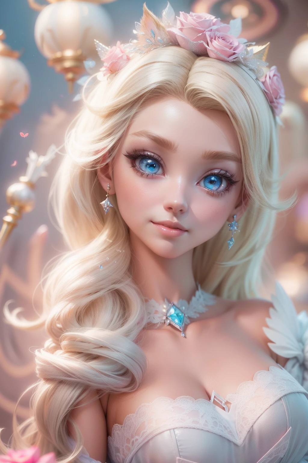 A close up of a doll with long blonde hair and blue eyes - SeaArt AI