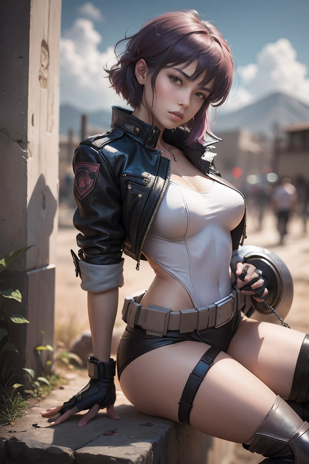 Motoko Kusanagi,  Estilo anime Beautiful Woman, slender, skinny, medium breasts, Thin waist, (masterpiece, The best quality:1.2), cowboy shot, only, 1girl, expressionless, Closed mouth, looking at the viewer, Crossed arms, jacket, Leotardo, thighsjumps, gloves, neckline, highest qualityr, high resolution.
