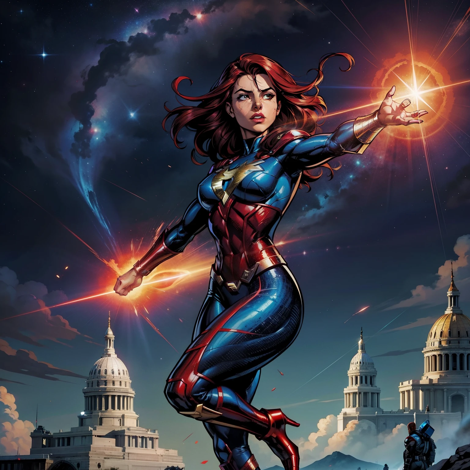 Алая Ведьма Марвела, в небе в боевой позе, кроваво-красная аура,Круг власти в руках, подробности, DC Comics Дэш, Дэш комиксов Marvel