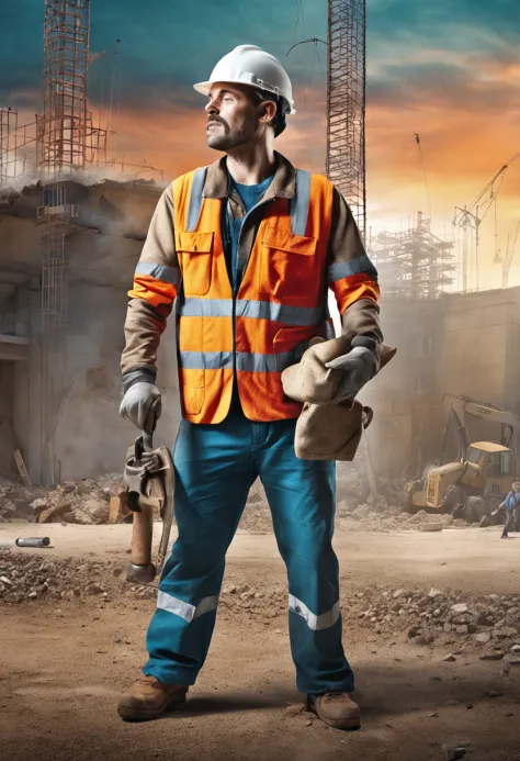 ​masterpiece, top-quality, ultra-detailliert, illustratio,30 year old gay man, Construction site workers,Carrying a hammer with one hand,male people,Niō Standing,Workwear,gloves,work shoes