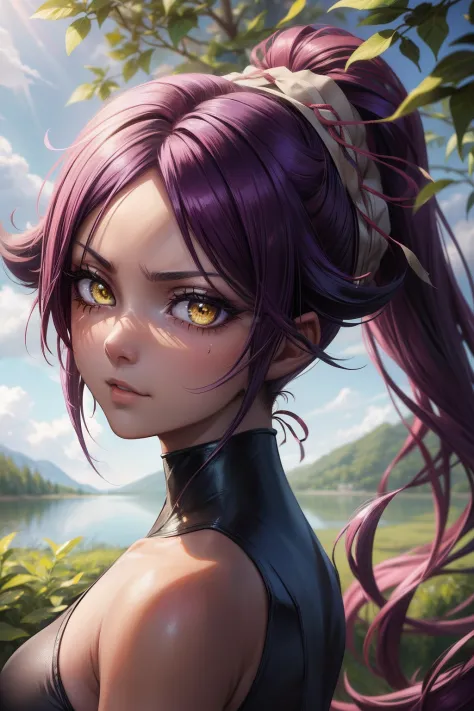 best quality, expressive eyes, perfect face, close up on face, shihouin yoruichi (bleach), dark skin, ((black leotard)), yellow ...