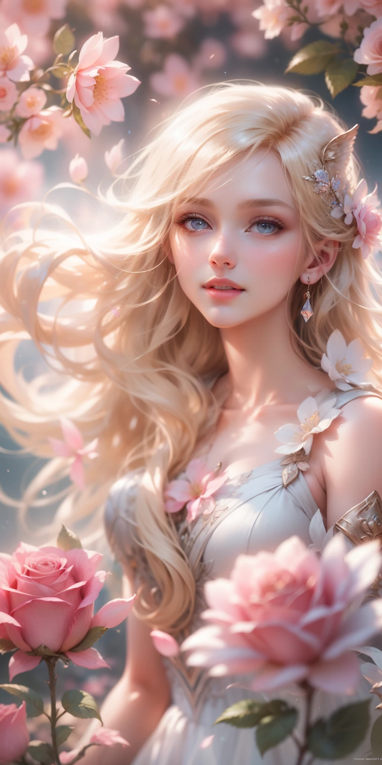 Beautiful transparent Barbie princess, Transparent colorful petals, delicated face，Blonde hair fluttering in the wind､The blonde hair shimmered with starlight，Blonde hair，Beautiful blue sky and white clouds、Girls have transparent wings､kindly smile､Beautiful garden background､Gentle and transparent，anatomy correct, Delicate pattern，Pink rose space, Soft lighting, ( Bokeh)，Masterpiece, Super detailed, Epic composition, Highest quality, 8K，Epic romantic fantasy digital art，Epic fairy tale fantasy digital art，Mythological fantasy，UHD resolution，Detailed detail drawing，realisticlying，Very realistic，cinmatic lighting,an award winning photograph,rich colours，hyper realistic lifelike texture，dramatic  lighting