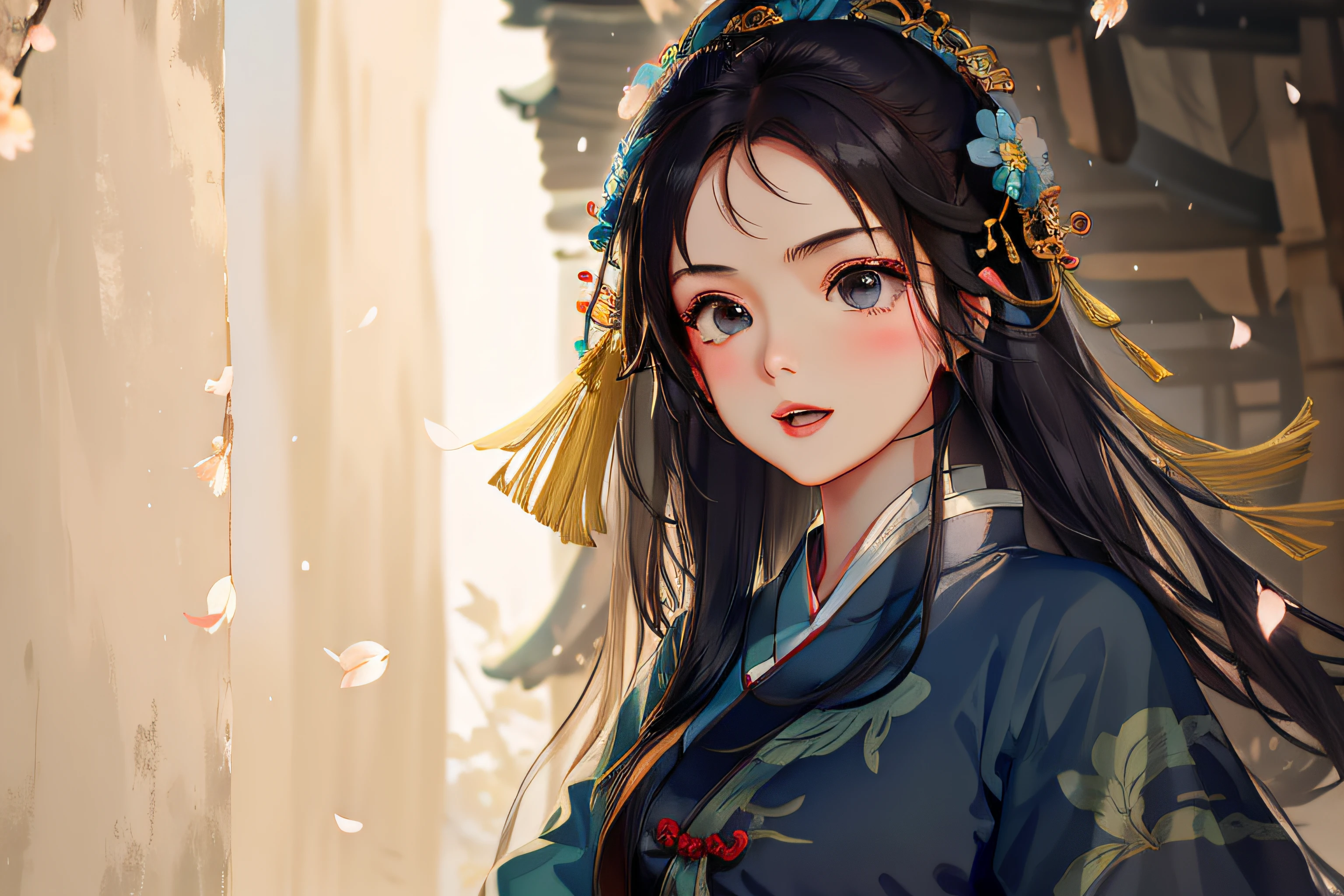 wuxia, girl, wind, river, flower - SeaArt AI