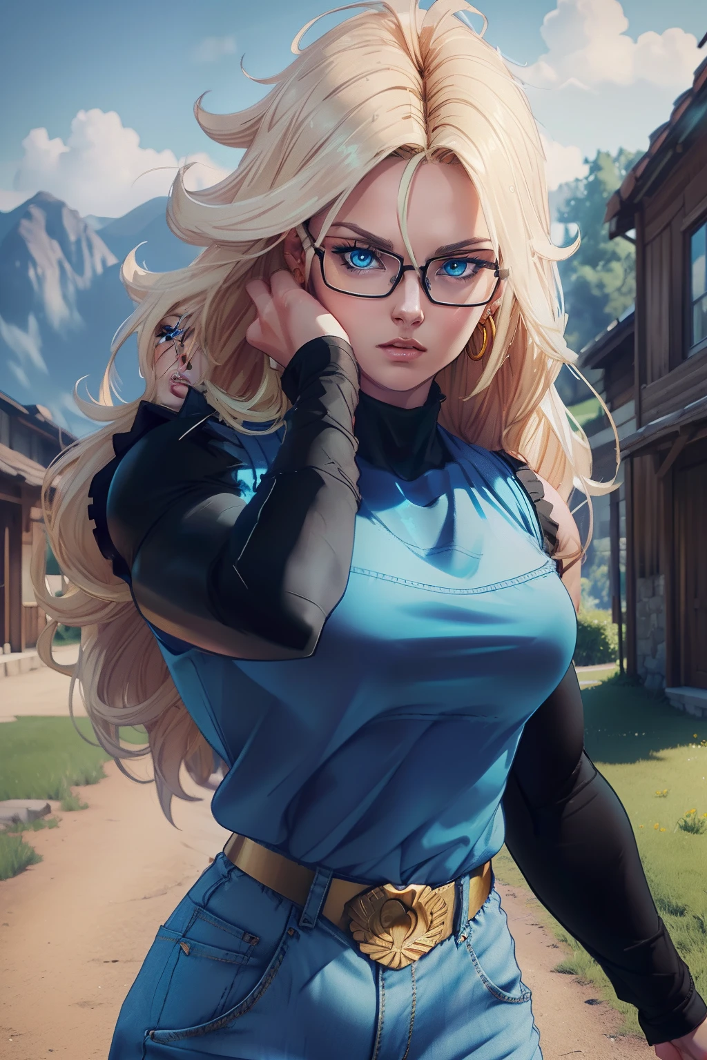 (masterpiece), (high quality), woman in her 20s, android_18, (perfect face), defined jawline, beautiful lips, (Long wavy blonde hair), (beautiful bright blue eyes), (black prescription glasses) (perfect anatomy), athletic body, (sexy, muscular), (perfect hands), (hands on waist), round gold earrings, (black shirt under blue denim vest), long white sleeves, (black pants), (looking at viewer), (medium shot photograph), countryside village background, (trending on ArtStation, trending on CGSociety), (by Artgerm), (by Beln Ortega), (by Dan Mora), (by Terry Dodson), octane render, unreal engine, modelshoot style, realistic,