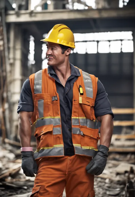 ​masterpiece, top-quality, ultra-detailliert, realistic, gay, Construction site workers,Carrying a hammer with one hand,male people,Niō Standing,Workwear,gloves,work shoes、Adolescent Men、Cute smile、a little meaty、well-muscled、Wearing firefighter's clothes、...