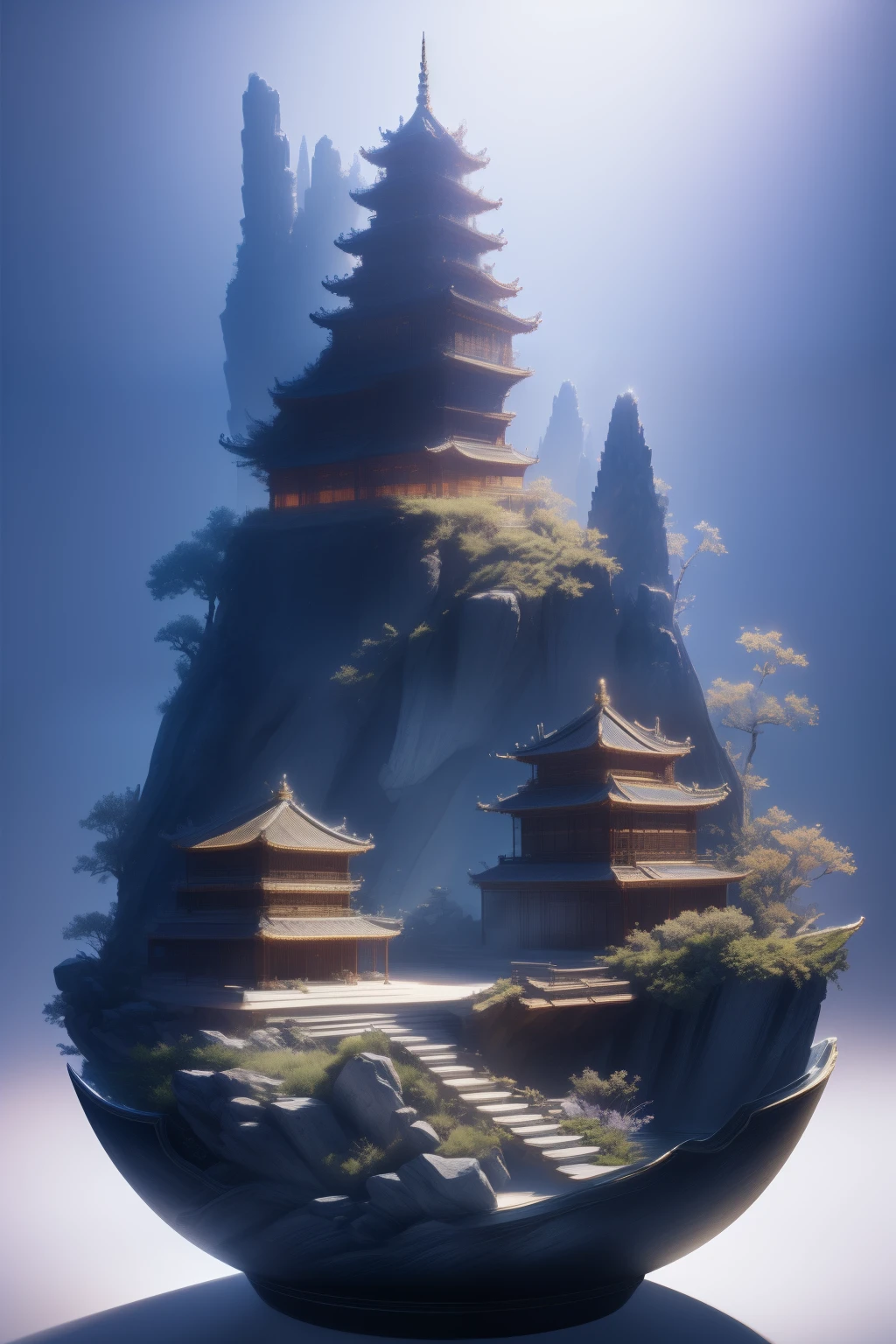 best quality, realistic, photorealistic, ultra detailed, Miniature landscape，Chinese architecture，Immortal Mansion， ceramics, Ultra wide angle,Accent Lighting,Volumetric Lighting,backlighting, (detailed light),((an extremely delicate and beautiful)),dramatic_shadow,ray_tracing,hdr，Rich colors，clean backdrop