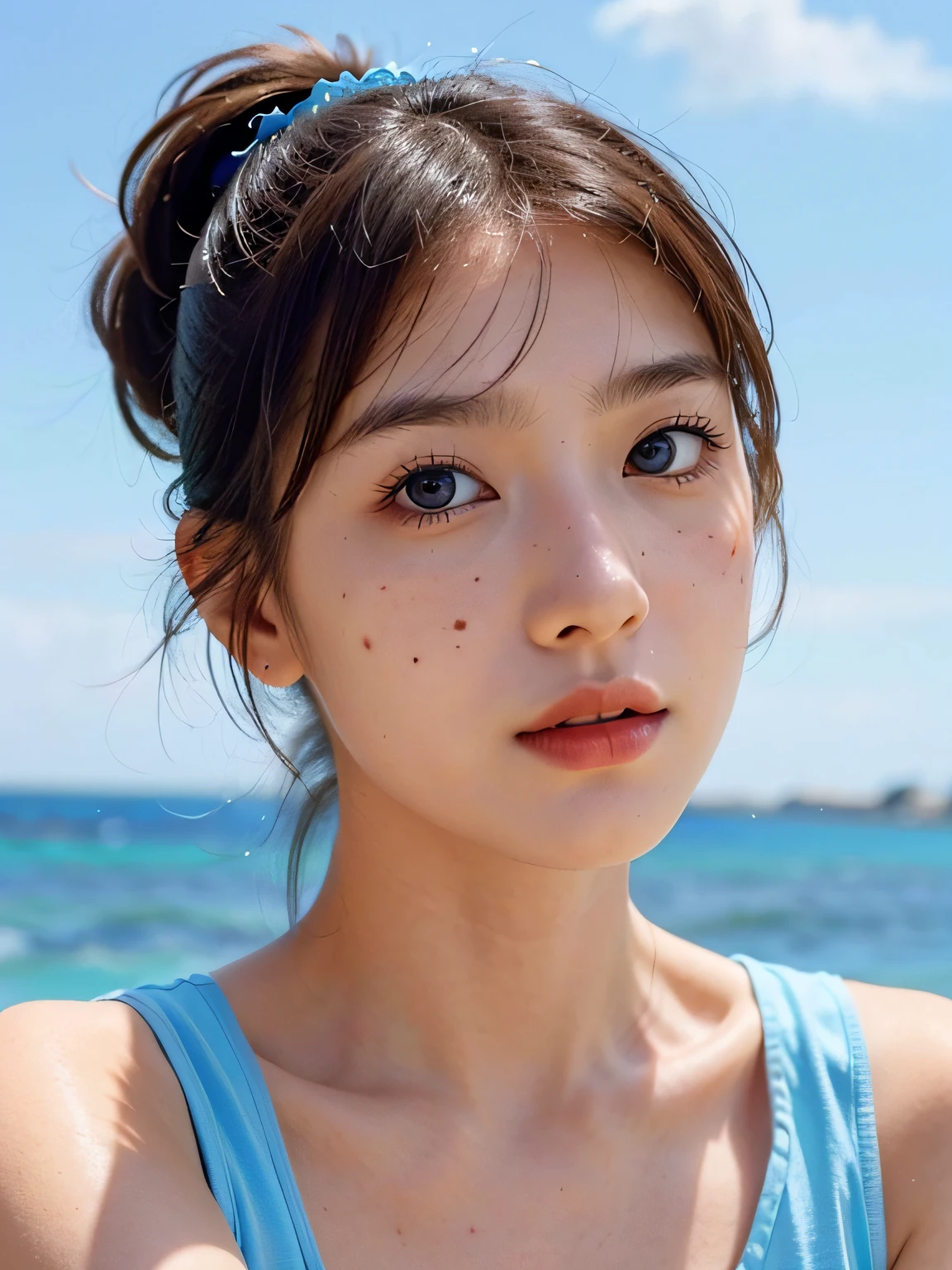 A close up of a woman with a blue top on a beach - SeaArt AI