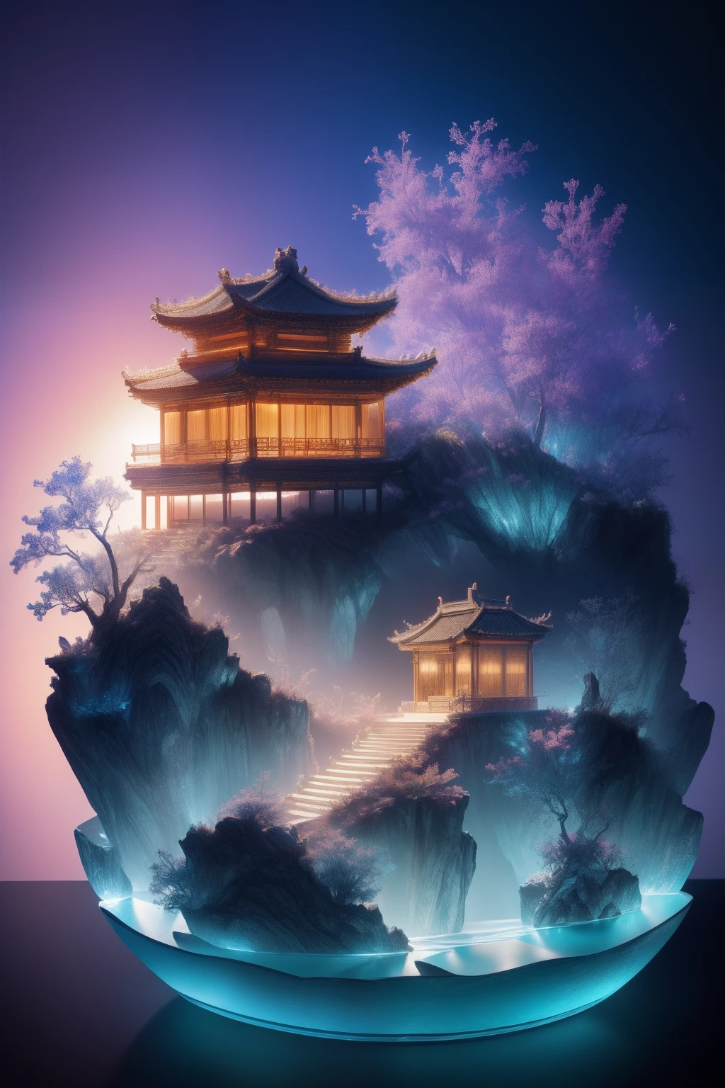 best quality, realistic, photorealistic, ultra detailed, Miniature landscape，Chinese architecture，Immortal Mansion， ceramics, Ultra wide angle,Accent Lighting,Volumetric Lighting,backlighting, (detailed light),((an extremely delicate and beautiful)),dramatic_shadow,ray_tracing,hdr，Rich colors，clean backdrop，blue colors，in pink