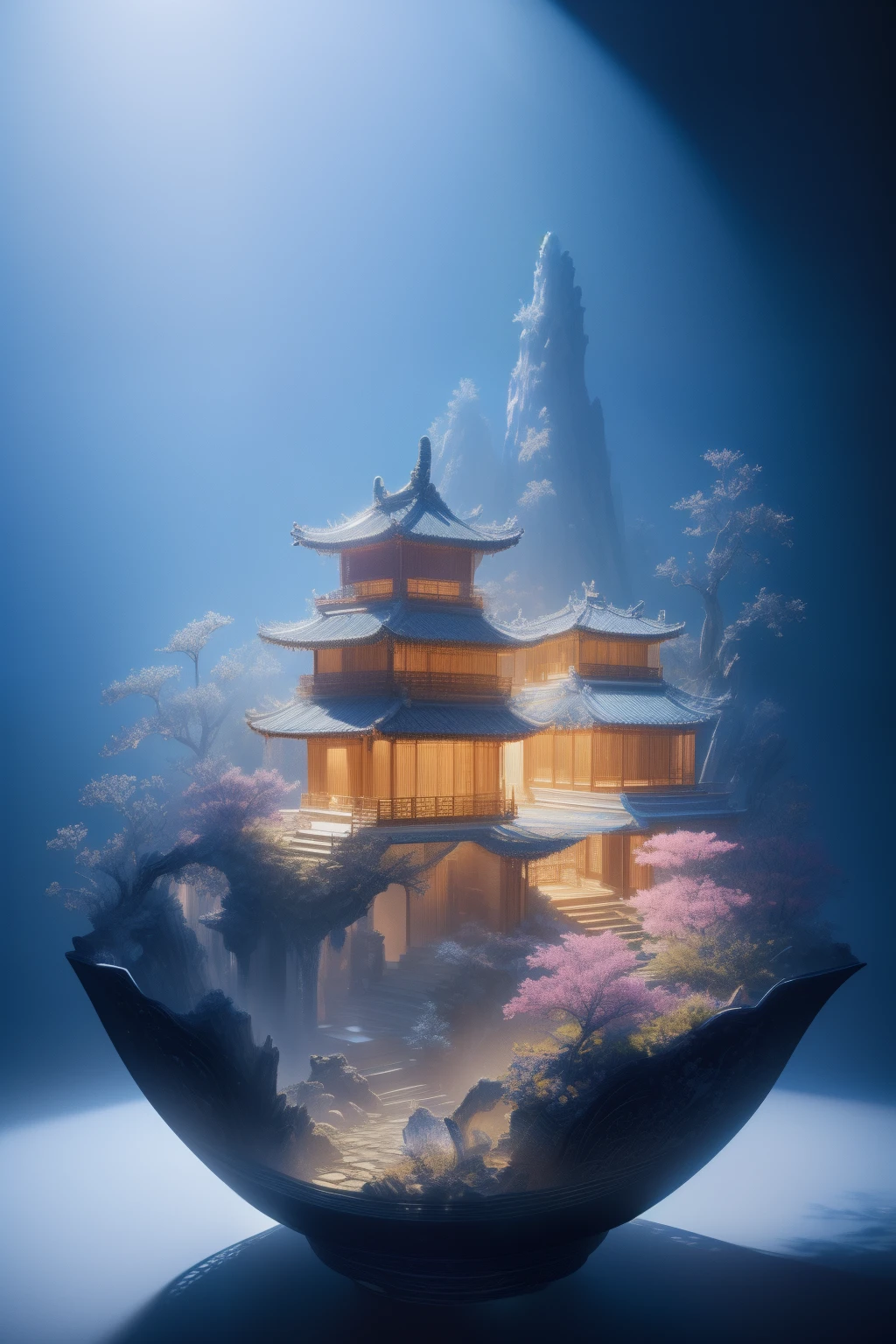 best quality, realistic, photorealistic, ultra detailed, Miniature landscape，Chinese architecture，Immortal Mansion， ceramics, Ultra wide angle,Accent Lighting,Volumetric Lighting,backlighting, (detailed light),((an extremely delicate and beautiful)),dramatic_shadow,ray_tracing,hdr，Rich colors，clean backdrop，blue colors，in pink