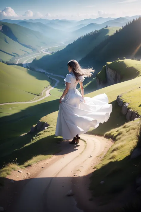 A woman in a flowing white dress stands on top of a hill, Her voice echoed throughout the valley.
